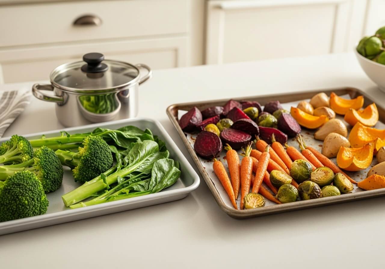 Show the two main preparation approaches described in the section by contrasting gentle steaming with dry roasting in a practical home setting — vegetables
