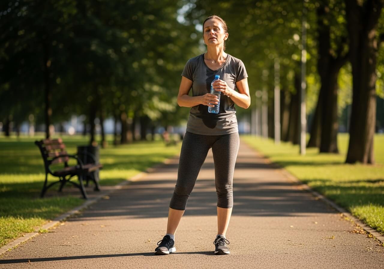 Show the body-support function of hydration through a concrete, everyday scene tied to physical performance and temperature regulation — how much water to drink daily