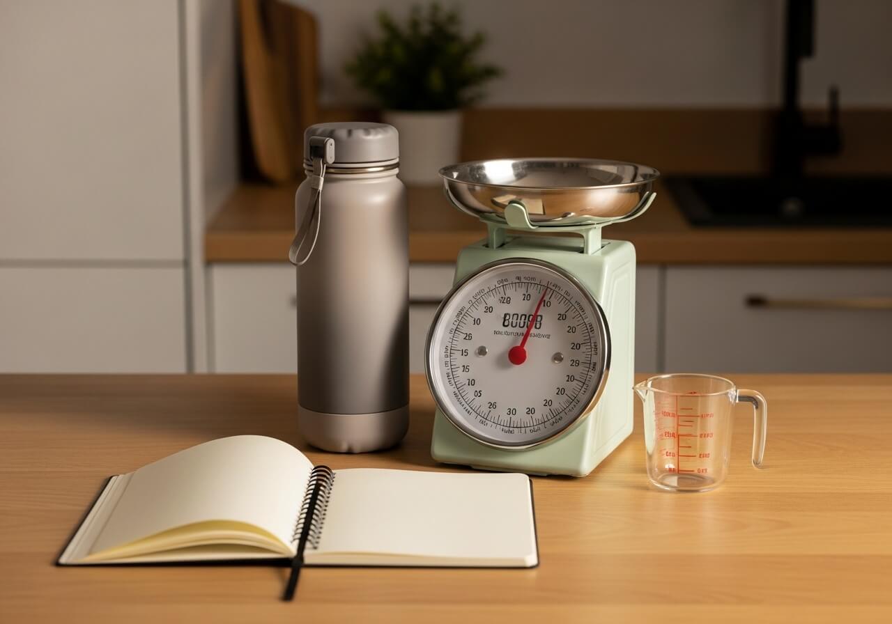 Show the calculation method as a body-weight-based starting point for water intake — how much water to drink daily