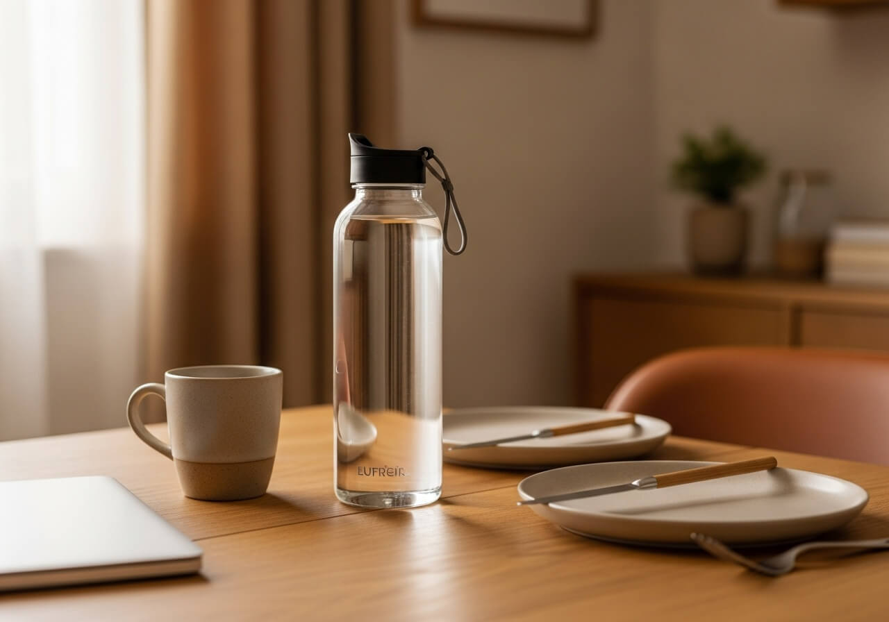 Show habit stacking and easy access by placing water where routines happen — how much water to drink daily