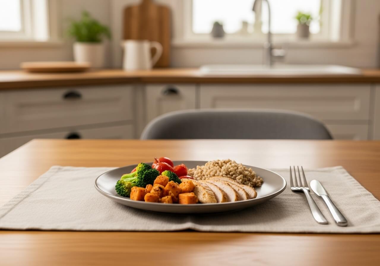 Show the practical structure of a calorie-controlled meal pattern built from filling, nutrient-dense foods rather than restrictive dieting — weight loss meal plans