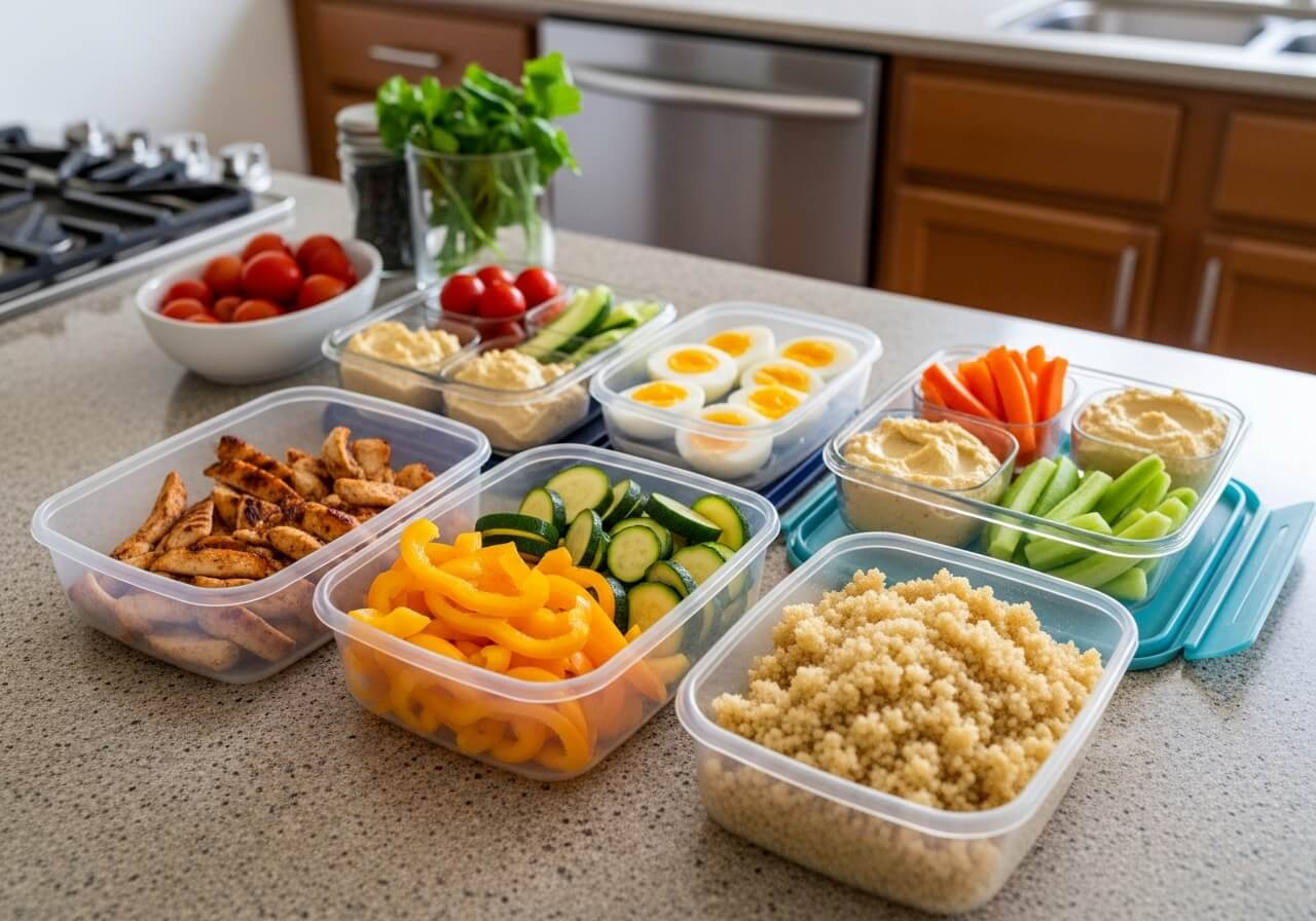 Show the one-hour prep routine that turns basic ingredients into ready-to-use weekday meals — weight loss meal plans
